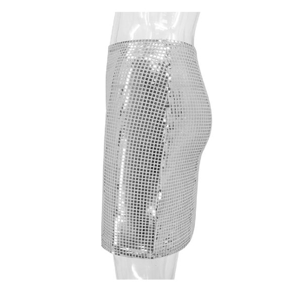 Silver Sequin Mini Skirt High Rise Clubwear Dancewear Stretchy Sizes S M L - Picture 7 of 13